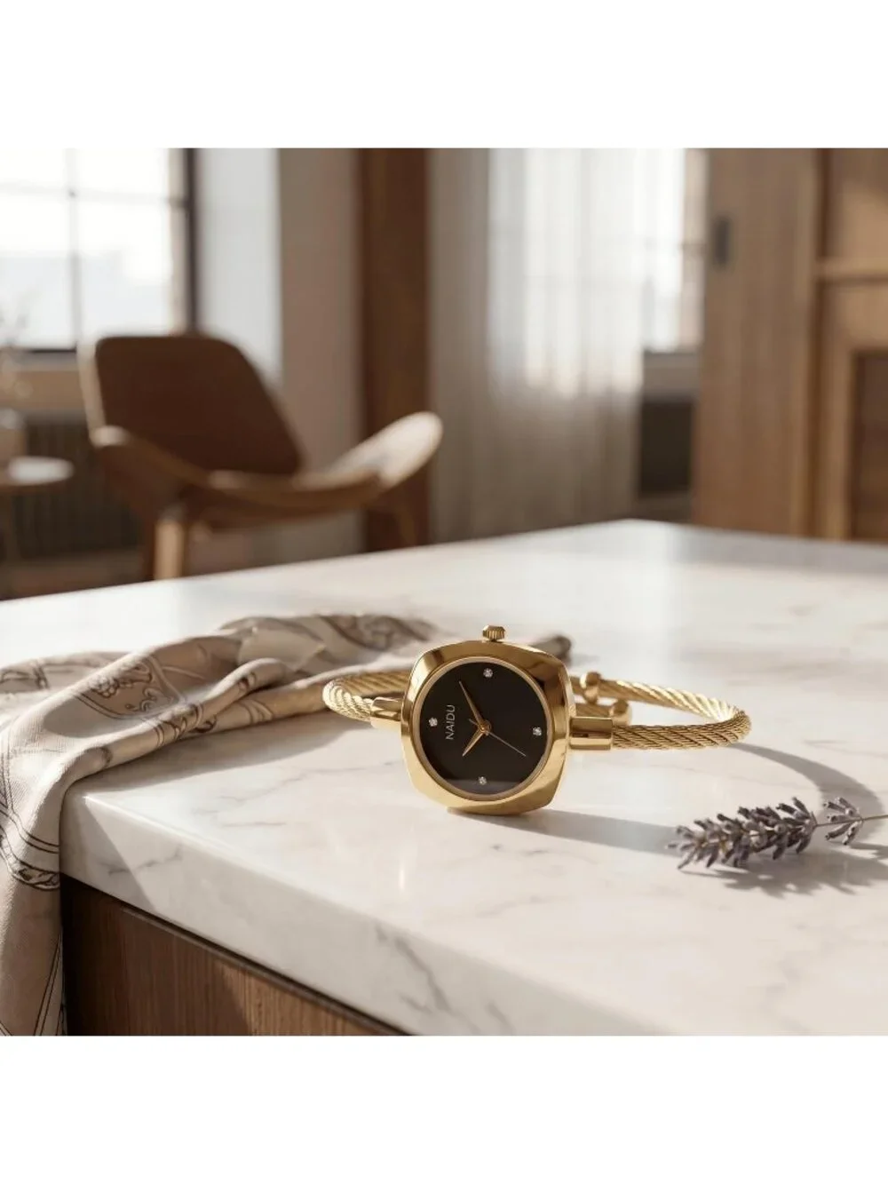 Women's Gold Black Crystal Accent Cable Wire Bangle Square Sunray Dial Watches